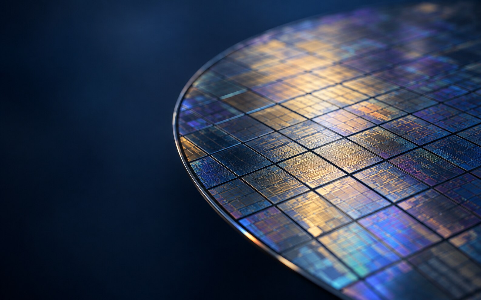 Close-up of a semiconductor wafer with chip patterns