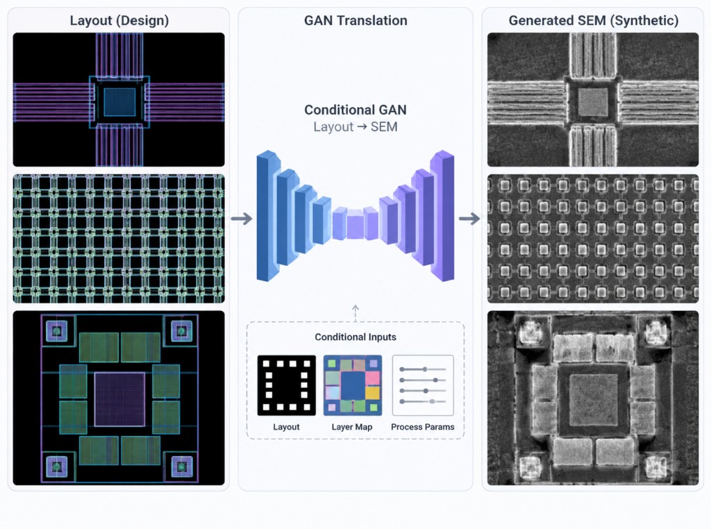 Conceptual Layout to GAN to synthetic microscopy translation diagram