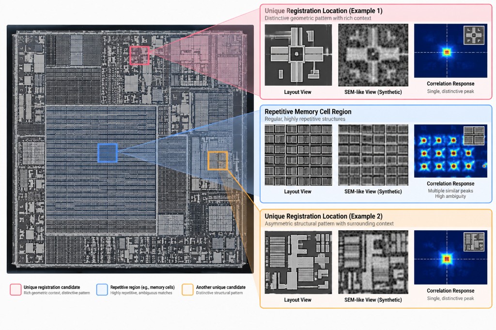 Synthetic chip layout with callouts for two distinctive registration locations and a repetitive memory region