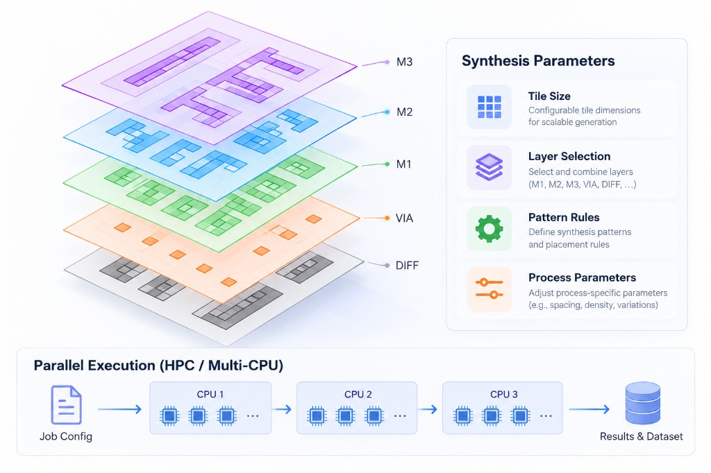 Conceptual illustration of stacked synthetic geometric layers beside synthesis controls and a multi-CPU execution strip. Layer names and the CPU sequence are illustrative.